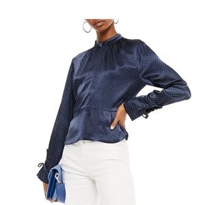 Ganni Zip Up Blouse with Ties at Wrist and Back Navy size 36 EU